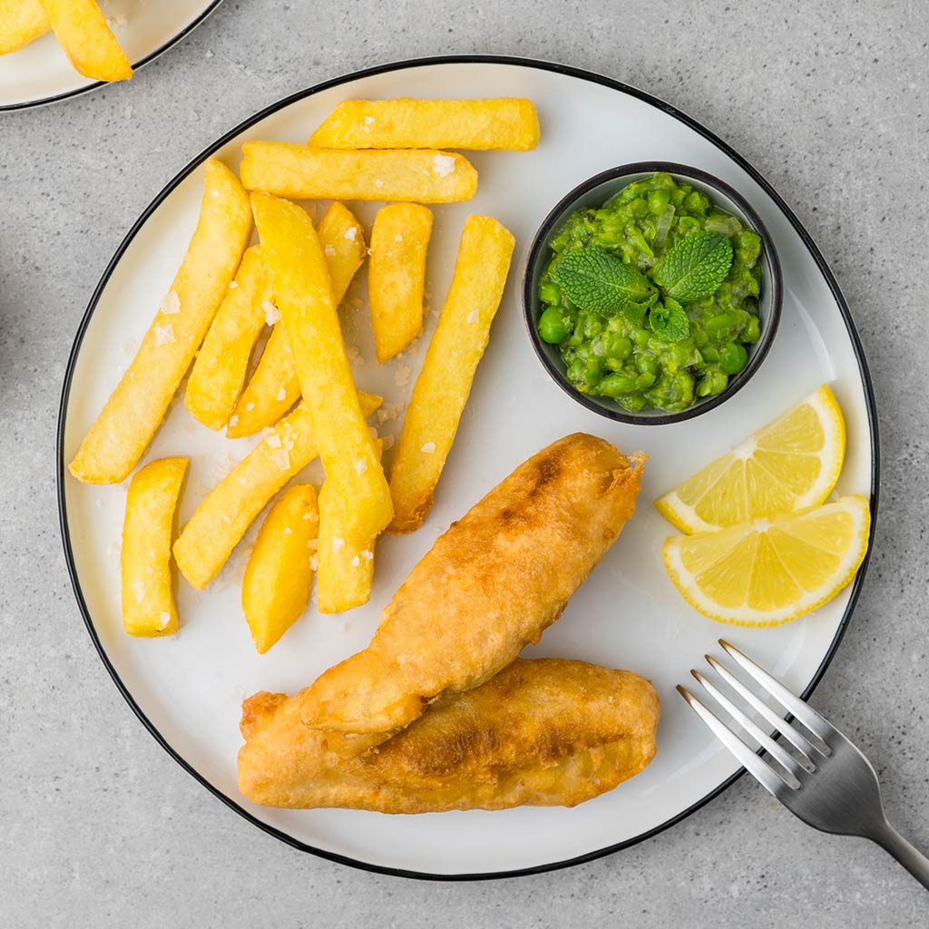 Fish and chips with mushy peas