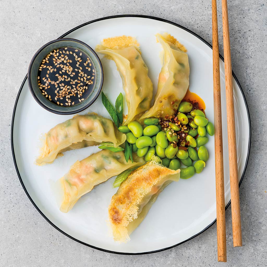 Shrimp Gyoza with Edamame and Dip